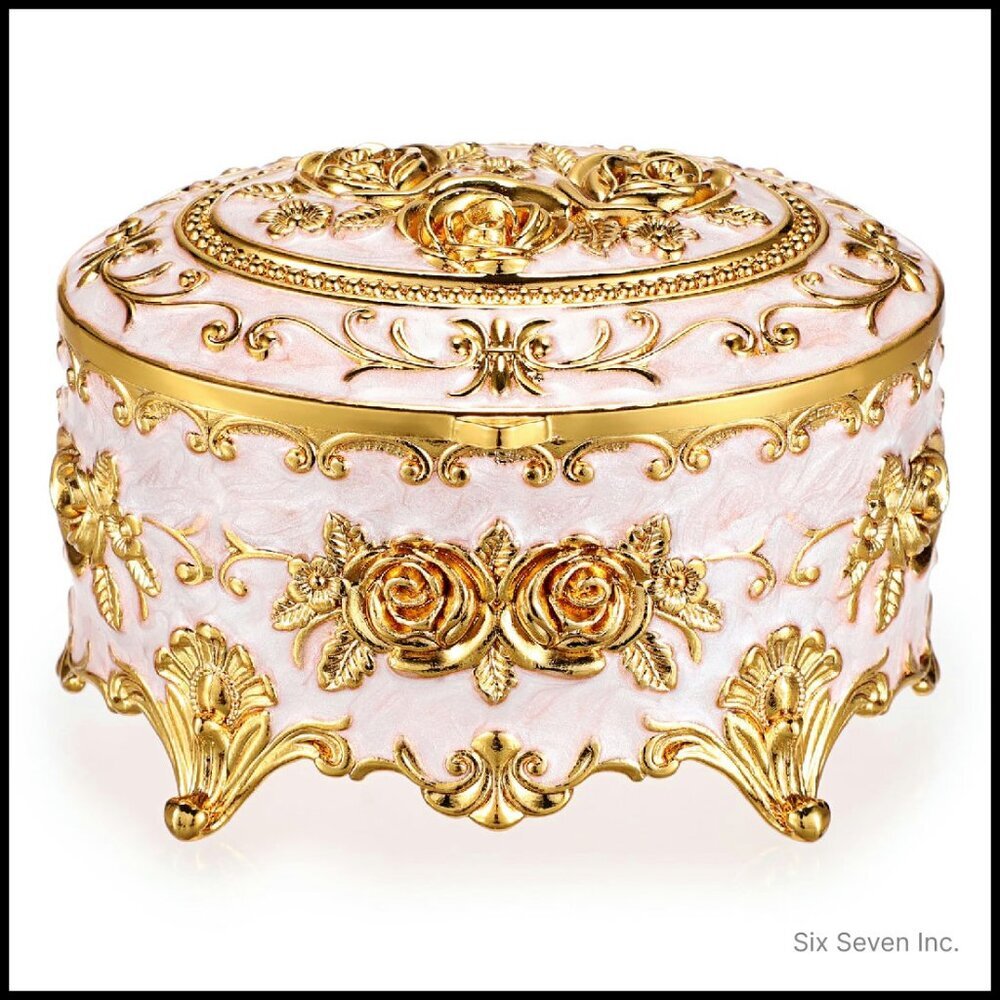 Vintage Metal Jewelry Box Oval Trinket Organizer Rose Pattern Storage Case